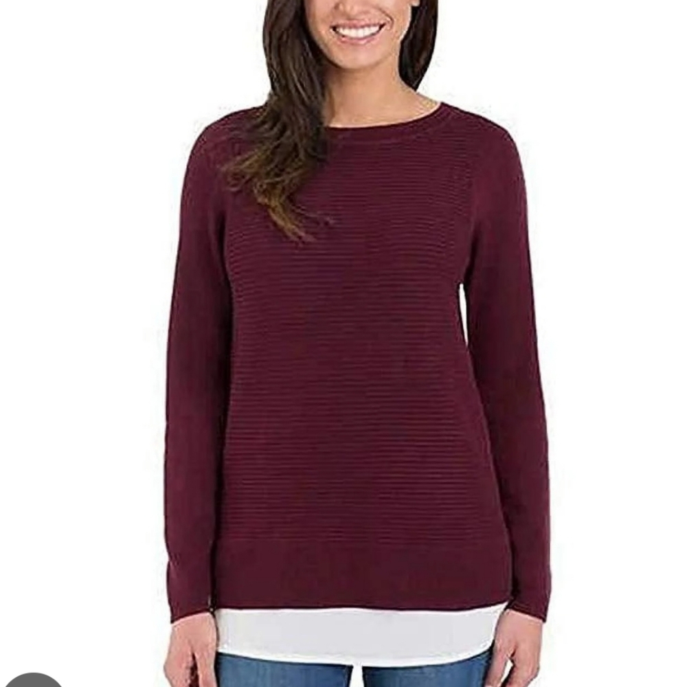 Hilary Radley Red Crew Neck Sweater with Ribbed Detailing